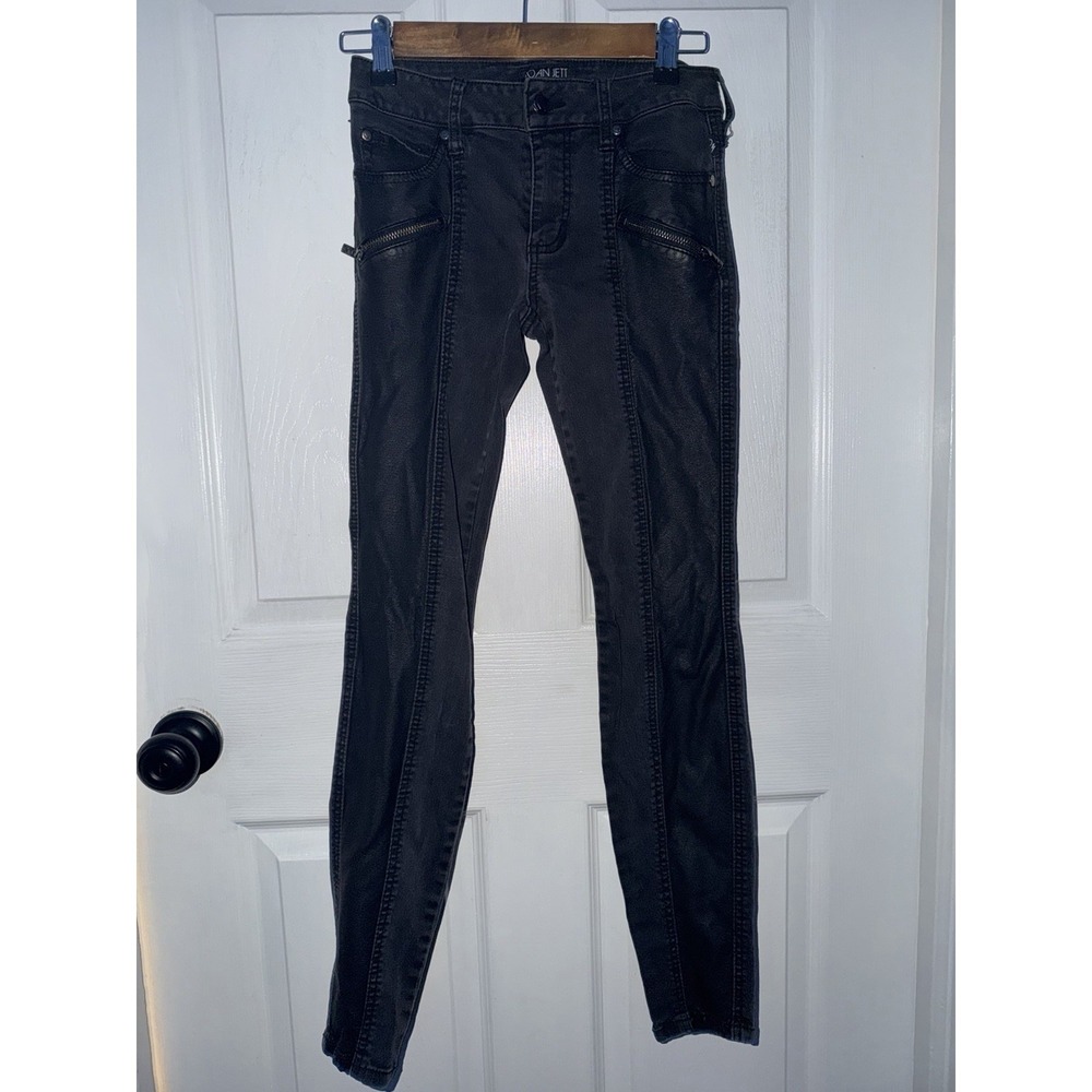 Joan Jett Tripp NYC Jeans 25x28 Black Faux Leather Panel Skinny Pants Goth‎ Y2K